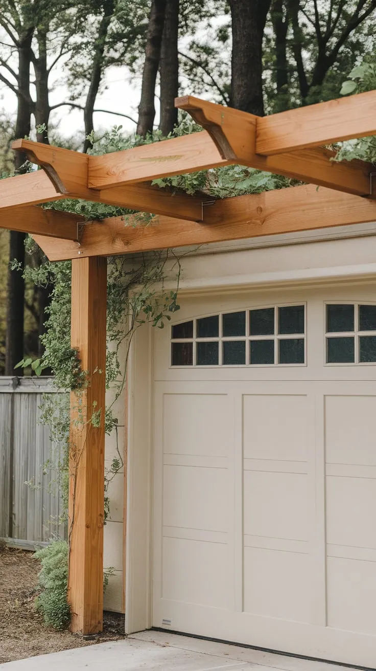 A charming cedar pergola, adorned with climbing plants, graces a light-colored garage door, creating a picturesque outdoor space.