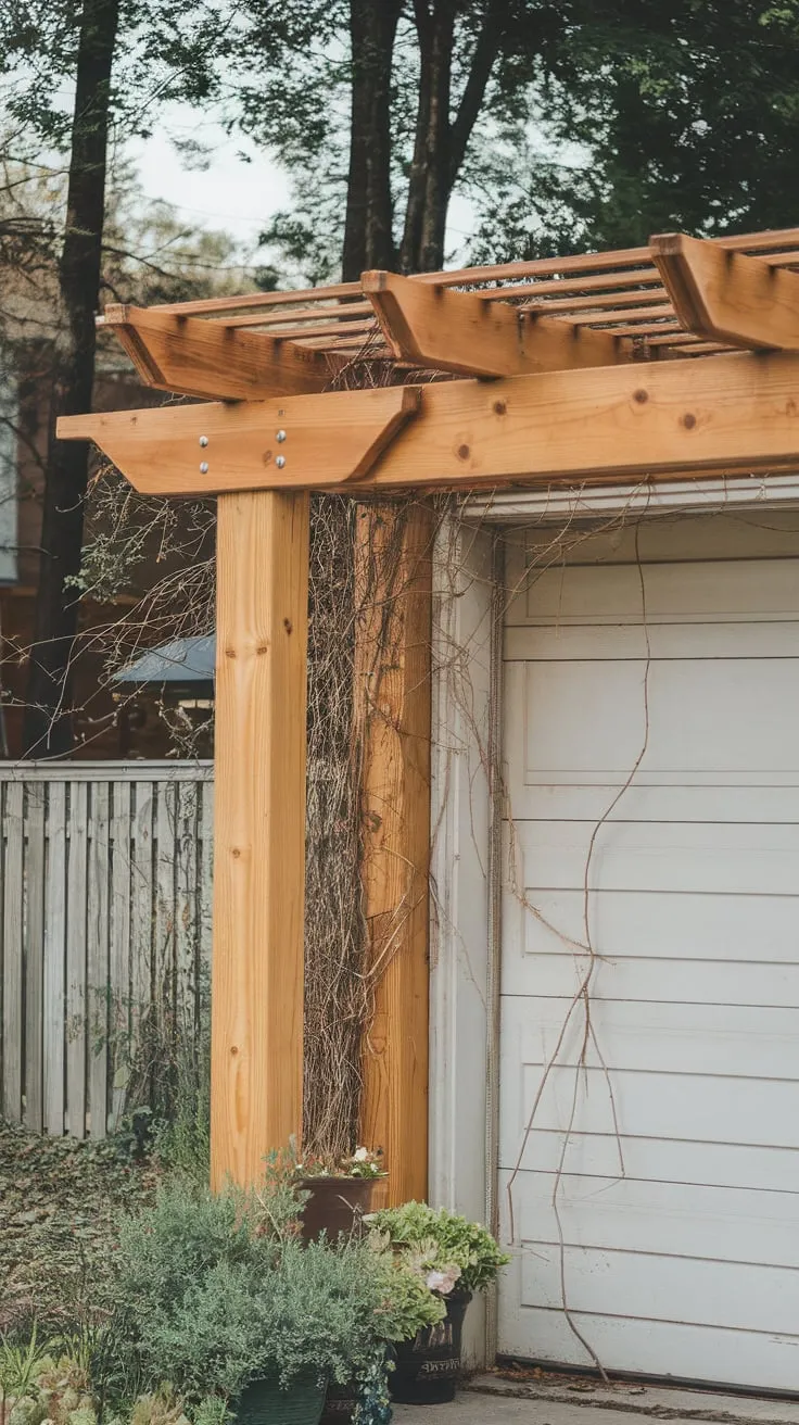 Rustic elegance meets practicality as a four-post cedar pergola shelters a garage door, enhanced by potted plants and a verdant backdrop.