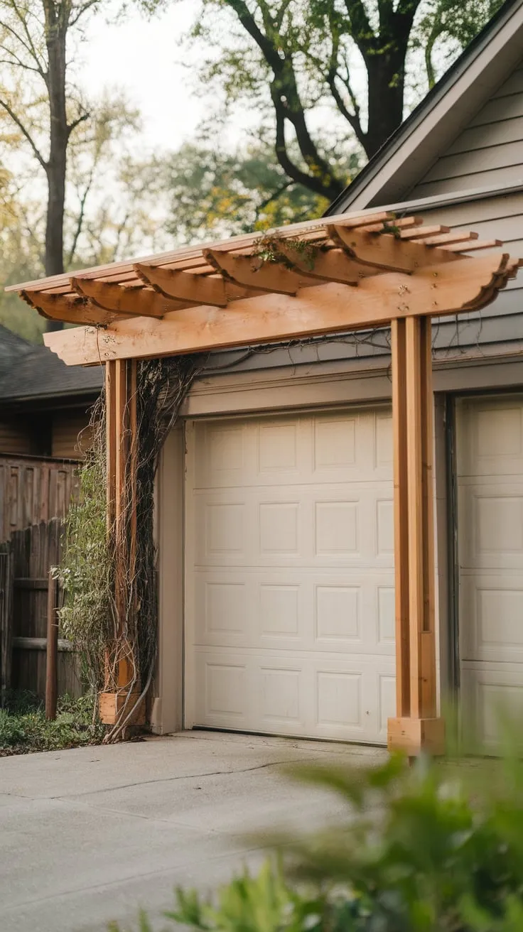 Rustic elegance meets practical shade as a four-post cedar pergola, draped in vines, transforms a plain garage door into a welcoming focal point.