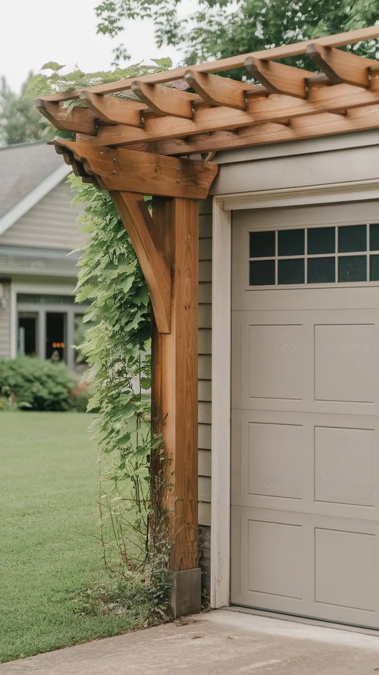 Rustic wooden beams create a shaded haven over a garage, enhanced by lush greenery and a beautiful house backdrop