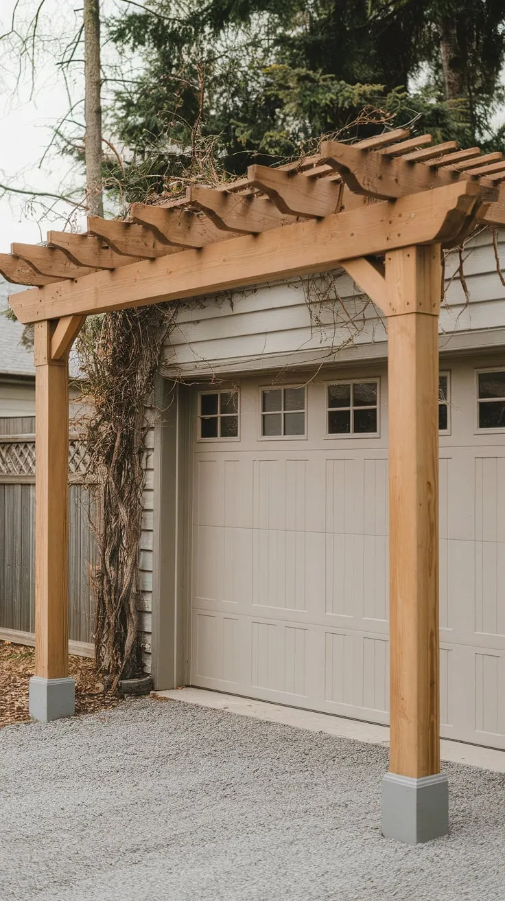 A charming cedar pergola, adorned with climbing vines, graces a beige garage door creating a picturesque outdoor space.