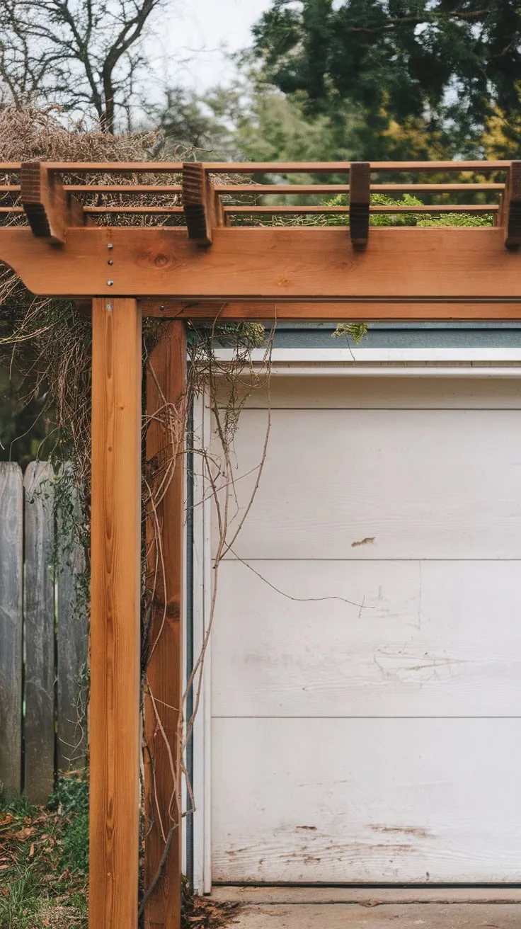 A charming cedar pergola, adorned with climbing vines, graces a white garage door, creating a picturesque outdoor space.
