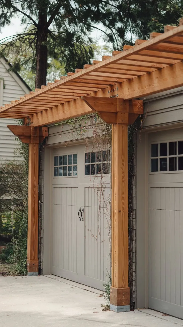 A charming cedar pergola, adorned with climbing vines, gracefully frames a garage door adding curb appeal to a picturesque home