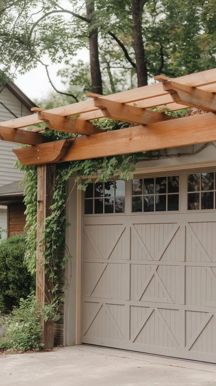 A charming cedar pergola, adorned with climbing vines, gracefully covers a garage, adding rustic elegance to the home.