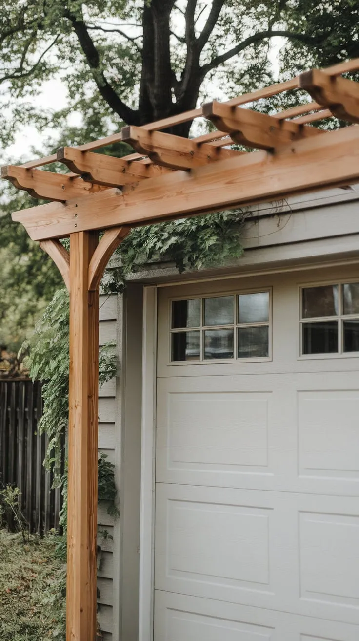 Rustic elegance meets practicality as a four-post cedar pergola shades a garage door, framed by lush greenery and a tranquil backdrop.