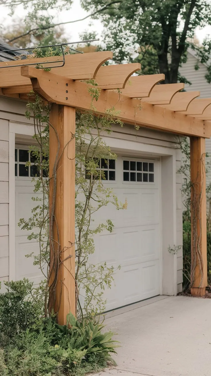 Climbing plants weave through a cable-supported cedar pergola shading a white garage door, a picturesque addition to a suburban home.