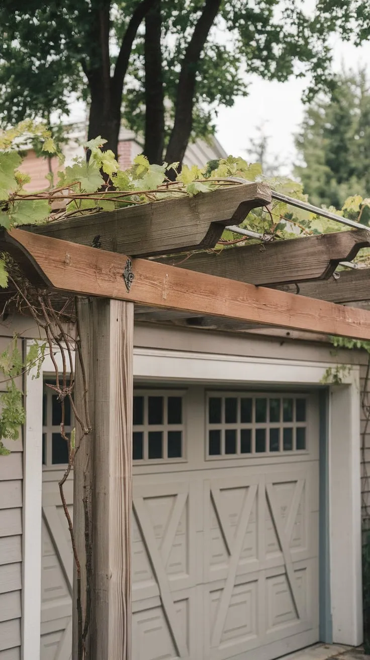 Weathered cedar pergola with climbing grapevines graces a garage door featuring a matching trellis design, creating a charming outdoor space.