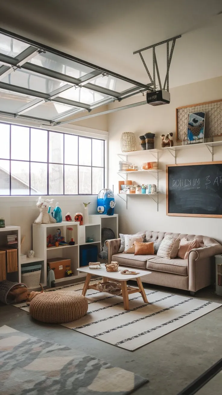A concrete-floored garage cleverly repurposed as a bright and functional playroom features DIY elements, comfortable seating, and plenty of storage.