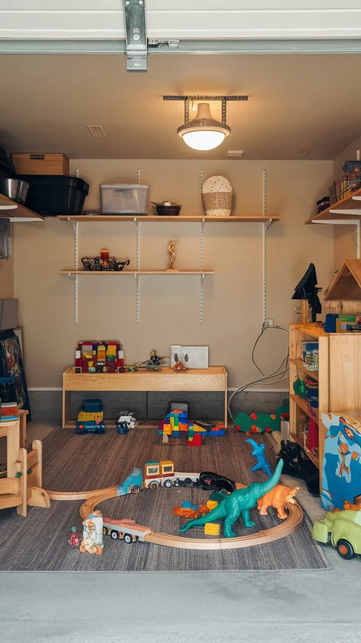 A fun-filled garage playroom boasts wooden toys, colorful LEGOs, and comfortable seating, creating a child's imaginative haven.
