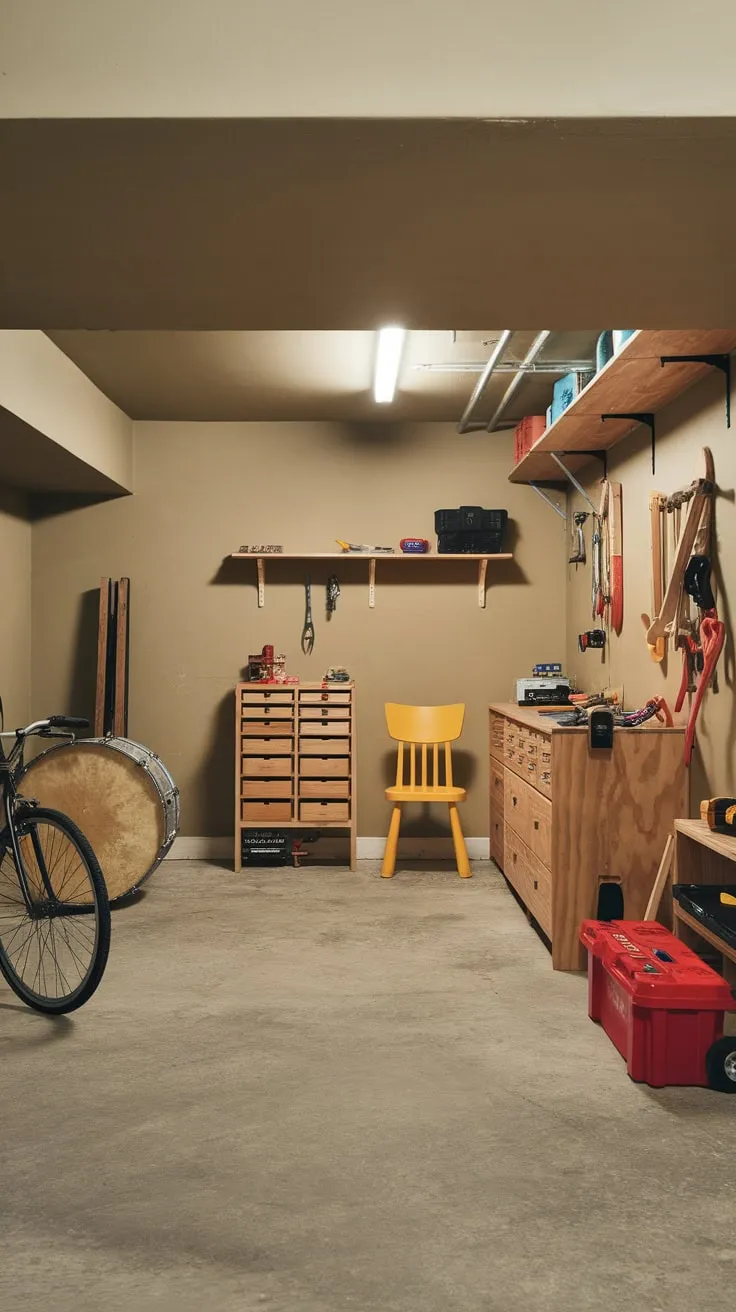 A repurposed garage space transforms into a vibrant playroom featuring tools, a drum, and a bike, all set against a backdrop of concrete and wood.