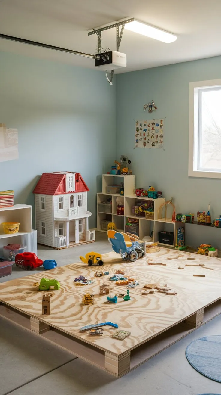 Transform a garage into a cheerful kids' playroom featuring a custom plywood structure, toys galore, and a bright blue atmosphere.
