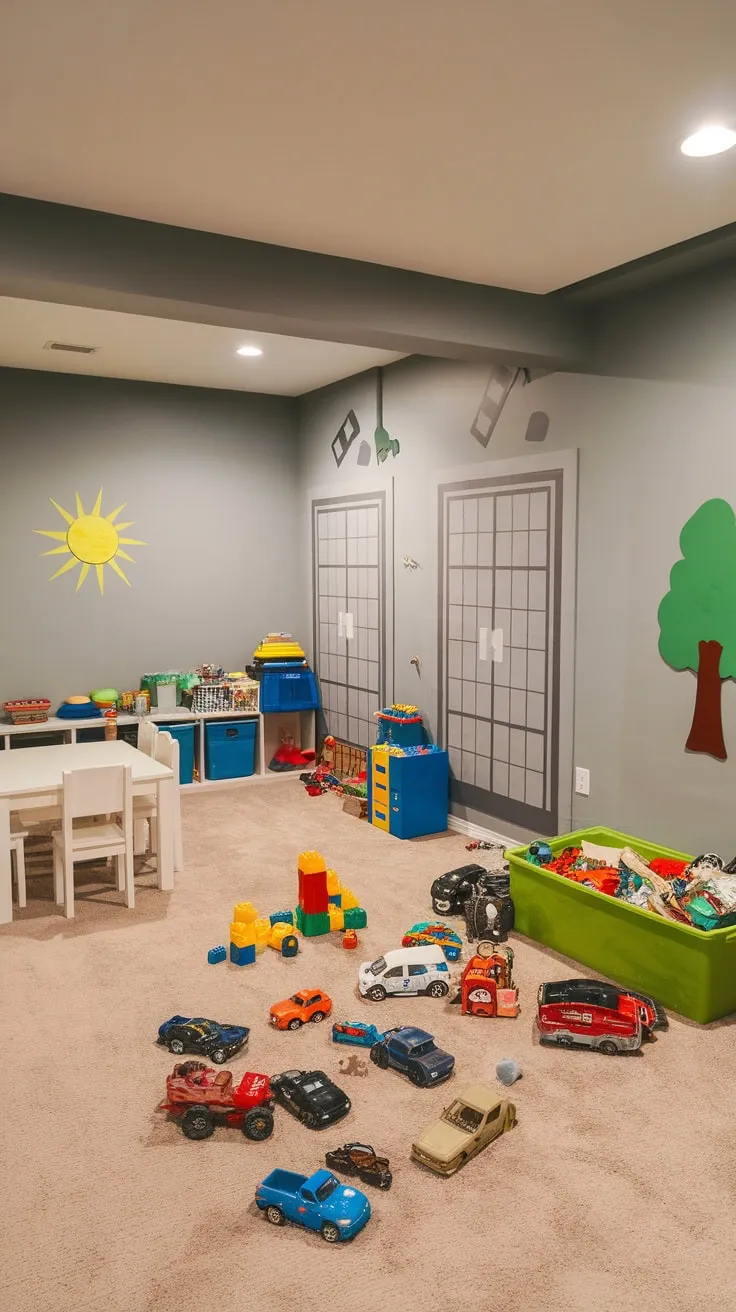 A gray-walled basement playroom, decked out with a garage theme and brimming with toys, provides a fun and imaginative space for kids.