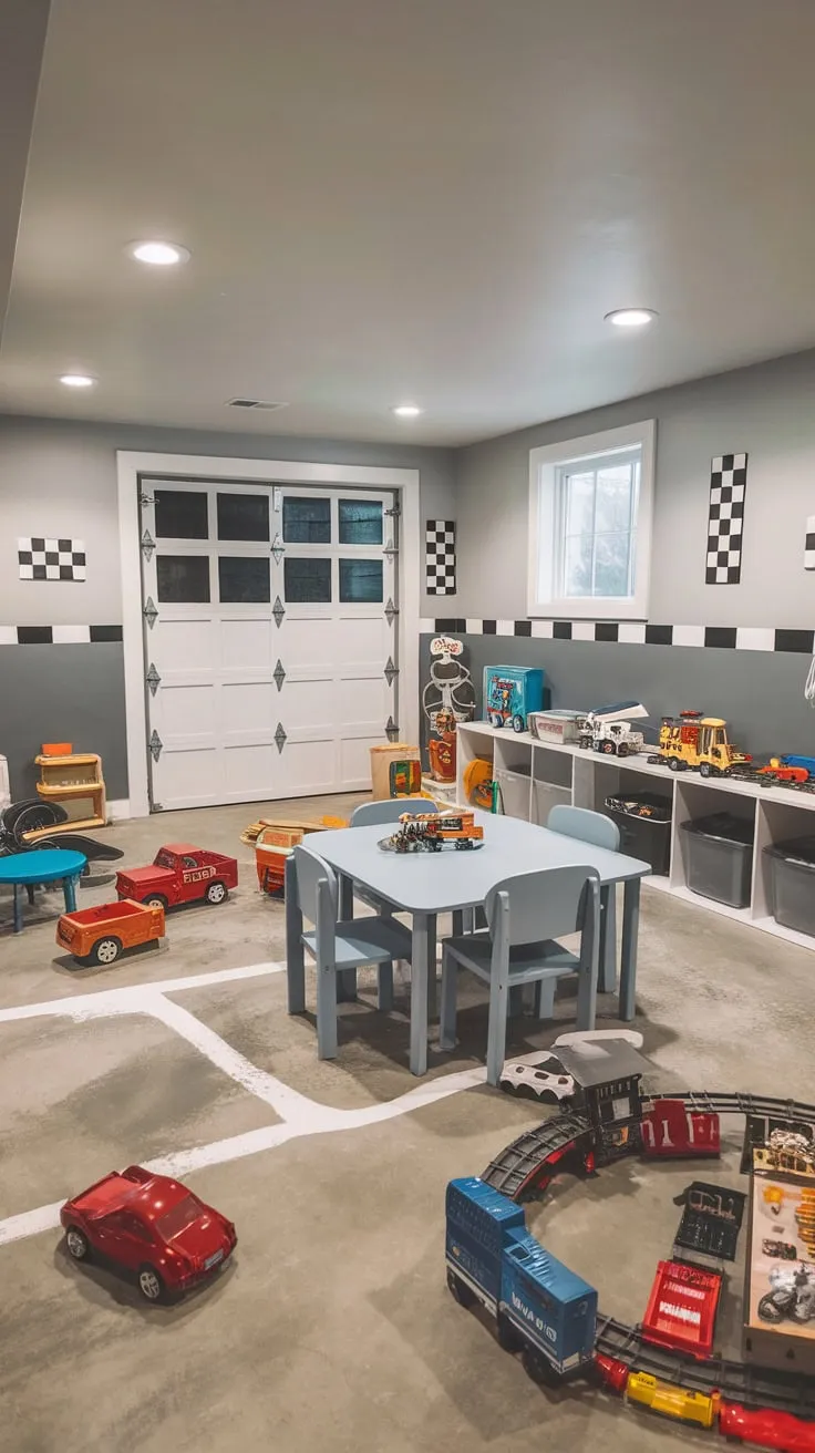 A converted basement garage playroom boasts a realistic concrete-floor design, toy-filled shelves, and a playful grey-and-white theme perfect for imaginative adventures