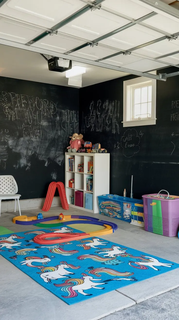 A whimsical garage playroom boasts a colorful unicorn rug, toy track, and chalkboard walls creating a fun and imaginative space for kids
