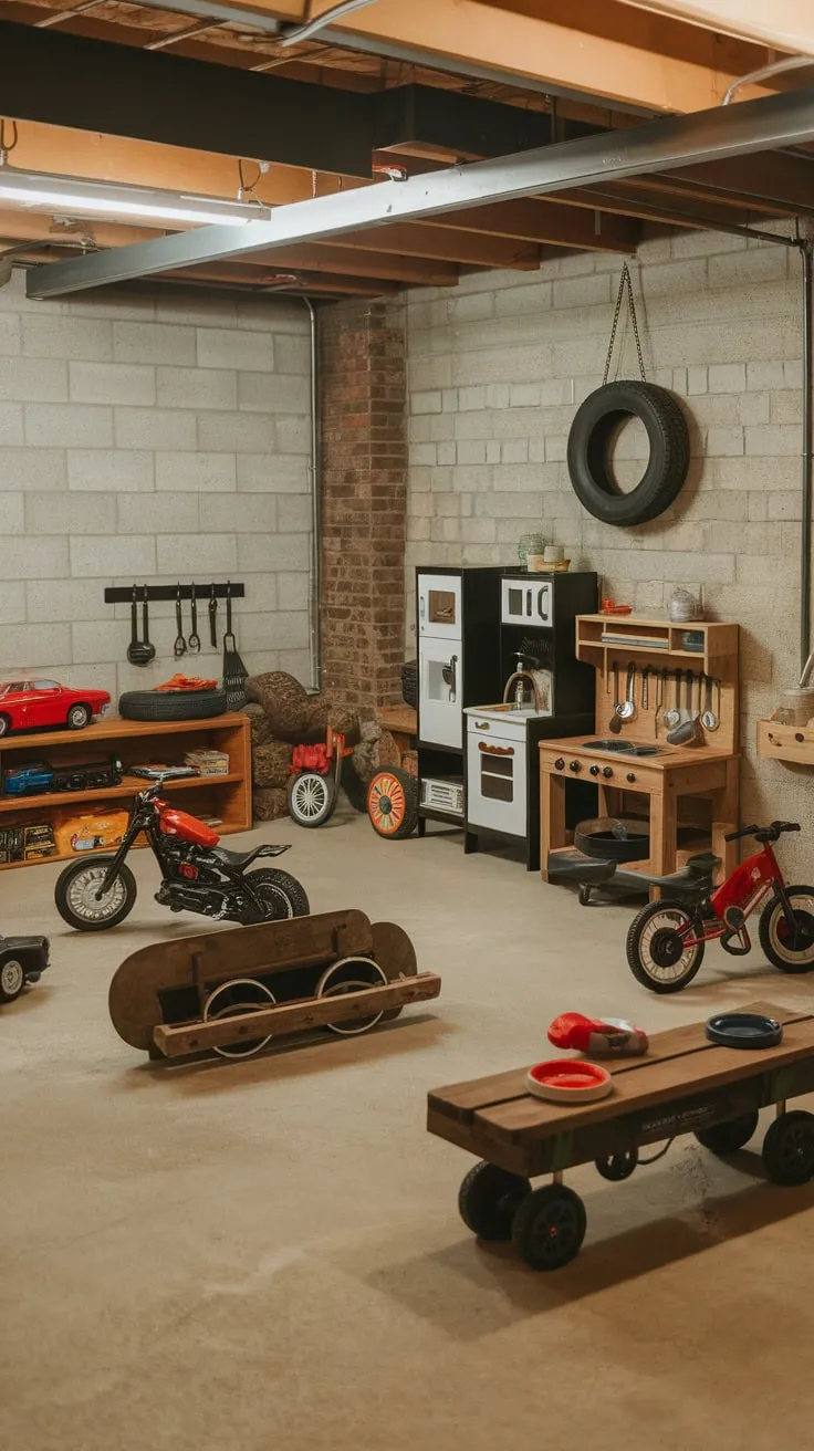 A ruggedly cool basement playroom blends industrial elements like exposed brick and a concrete floor with kid-friendly toys and a rustic play kitchen.