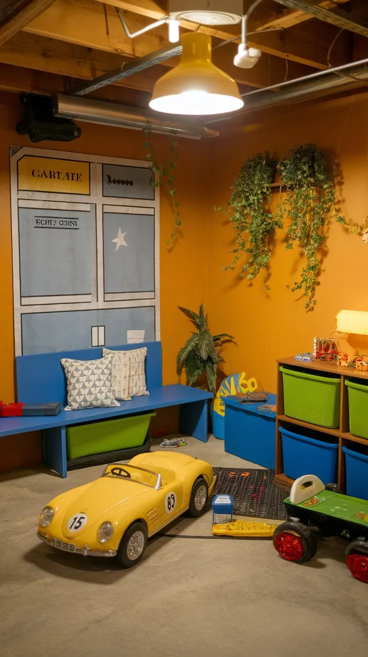 A concrete-floored basement garage playroom bursts with energy thanks to bright orange walls, a yellow car, and playful pops of green and blue.