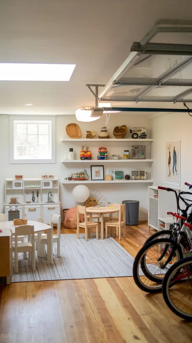 A bright white basement playroom, complete with a garage door opening to bikes, offers a spacious and playful environment for kids.