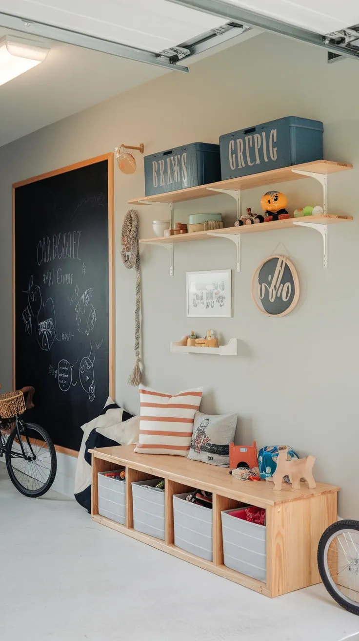 A light grey garage transformed into a fun playroom boasts DIY storage, a chalkboard wall, and plenty of space for toys and bikes.
