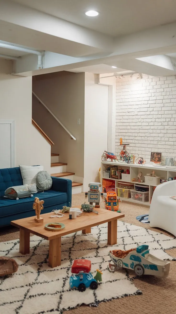 A cozy basement playroom with a white brick wall, plush rug, and scattered toys invites imaginative fun