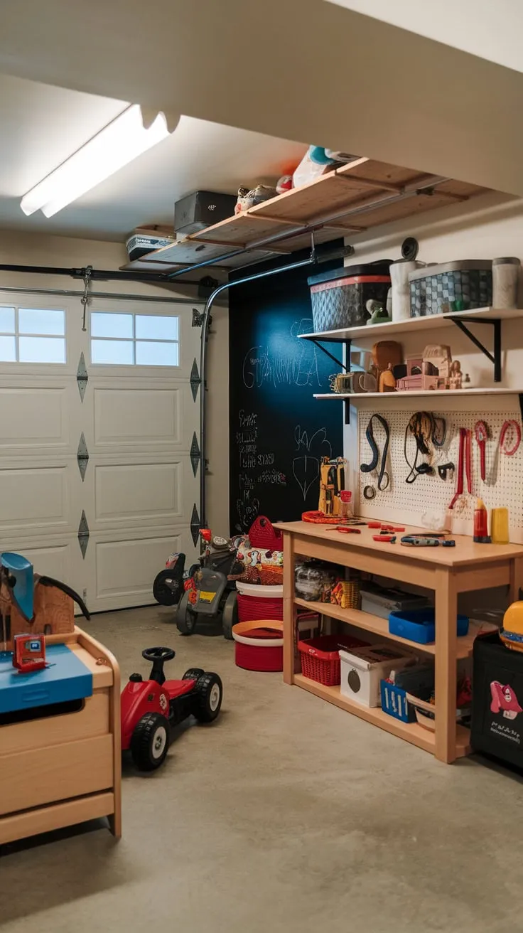 A converted basement garage playroom boasts a workbench, toy-filled shelves, a chalkboard wall, and a fun, concrete-floored space for imaginative play