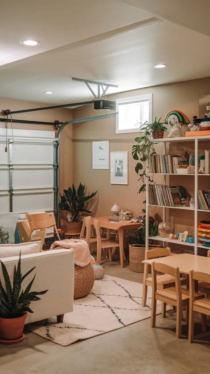 Transform your garage into a vibrant playroom complete with comfy seating and ample storage for endless playtime adventures