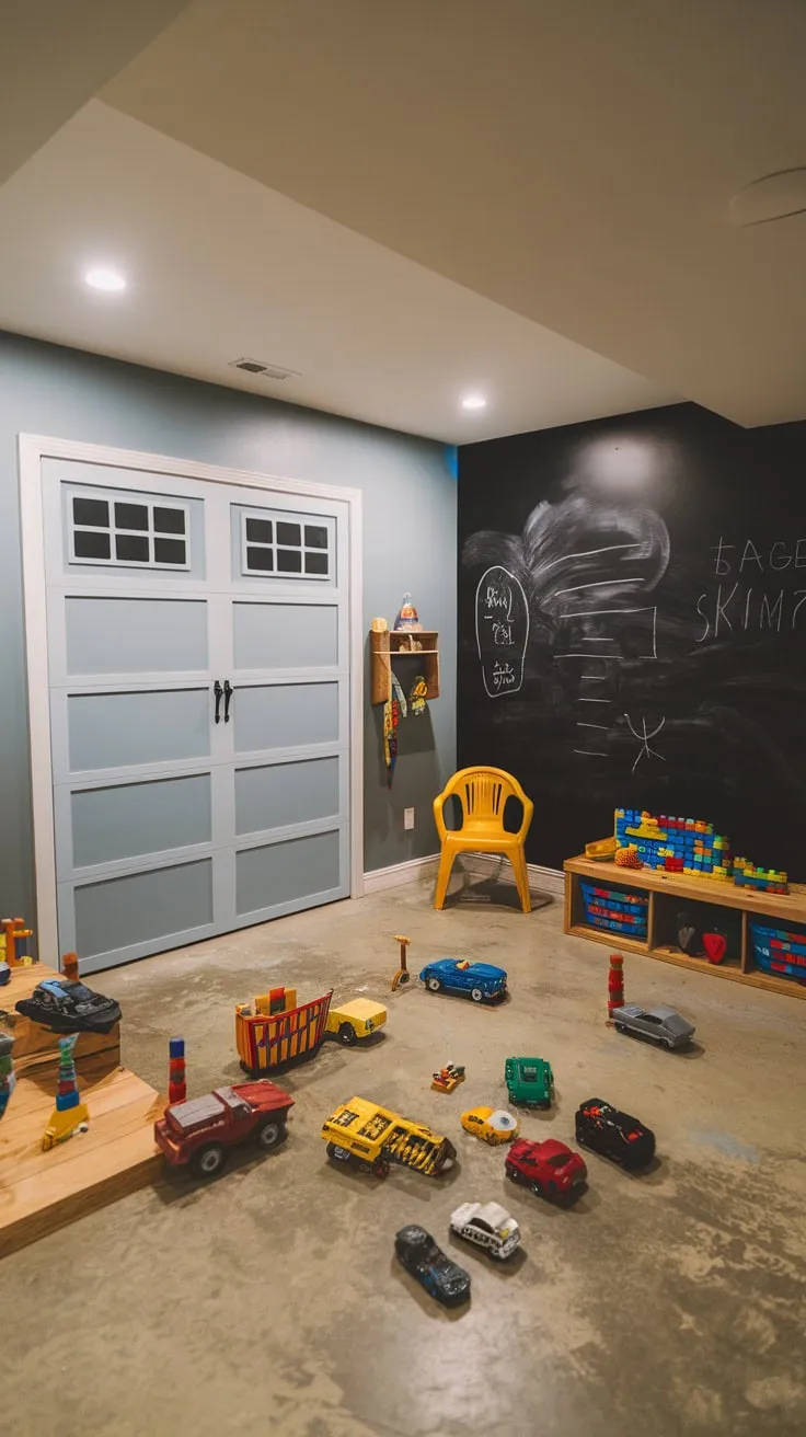 Transform your garage into a child's dream playroom featuring a realistic garage door, black chalkboard wall, and a collection of cars, trucks, and building blocks.