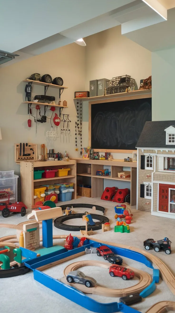 This high-ceilinged garage-themed basement playroom is a child's dream, complete with toy cars, trains, a dollhouse, and a workbench for endless fun.