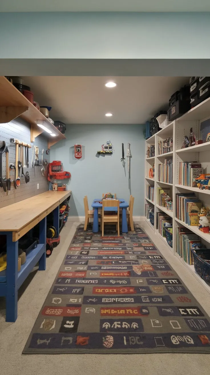 Transform your basement into a child's dream garage playroom featuring a workbench, toy-filled shelves, and a cozy seating area.