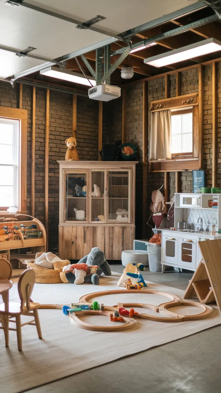 A rustic-chic garage playroom boasts exposed brick, wooden beams, and charming DIY details creating a bright and playful space for children.