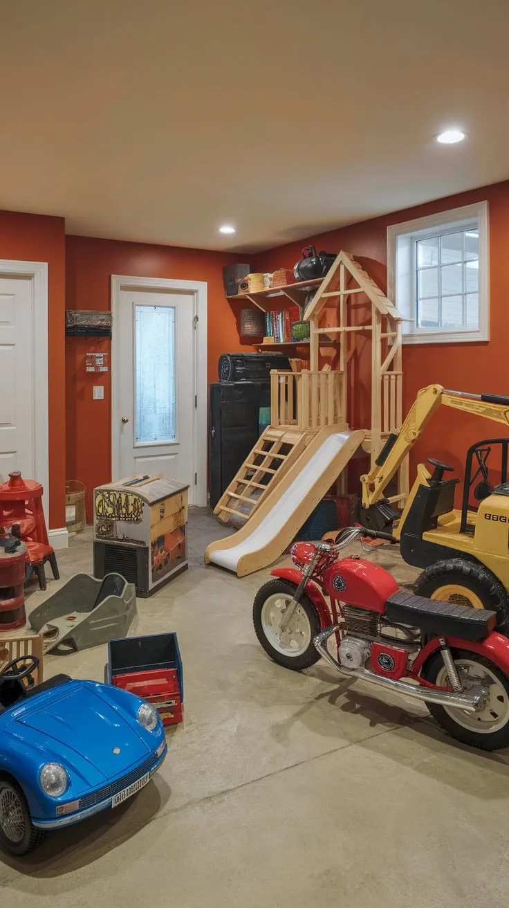 A concrete-floored basement transforms into a child's dream garage playroom, filled with colorful vehicles and a climbing structure.