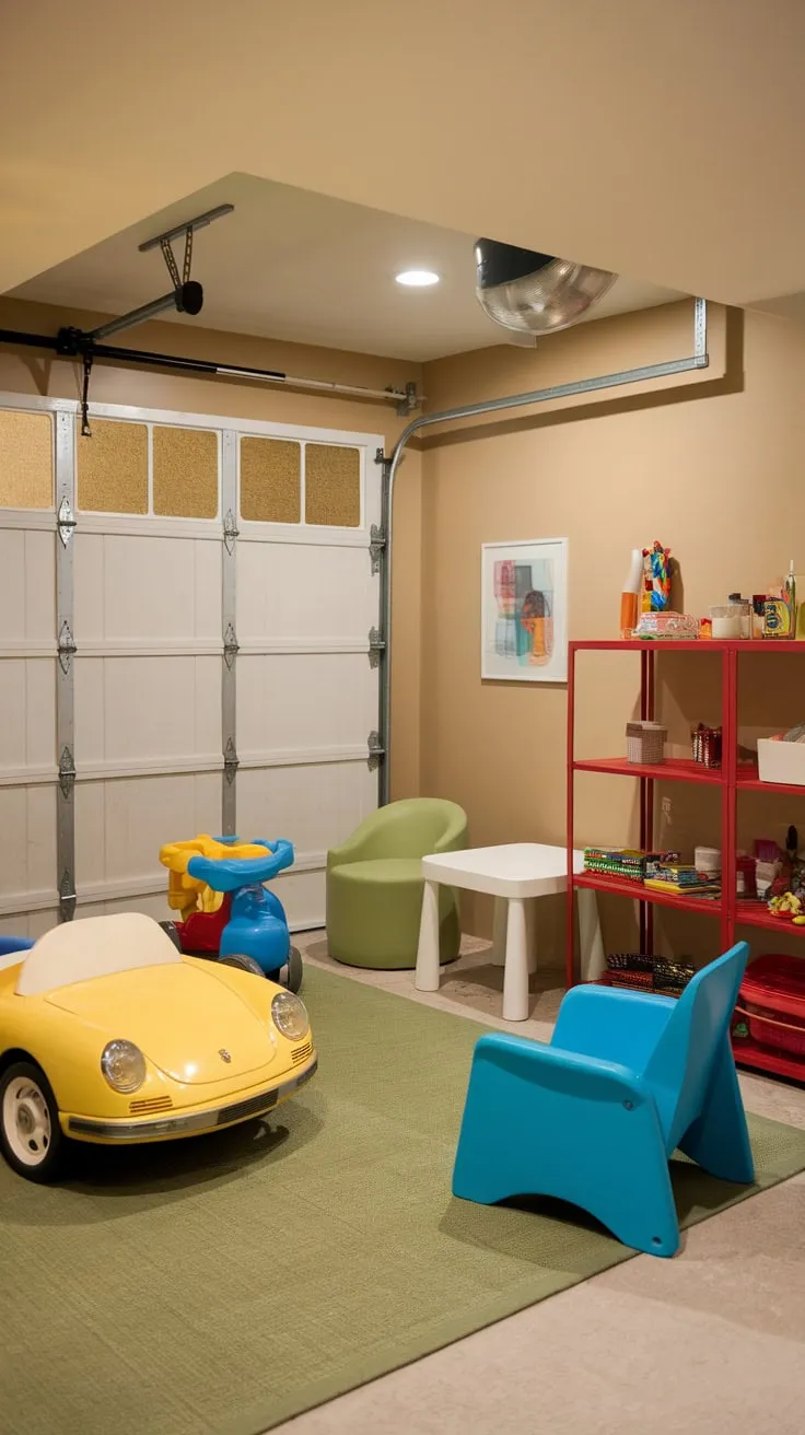A garage-style door opens to reveal a whimsical beige-walled playroom brimming with toys and art supplies on a cheerful green rug.