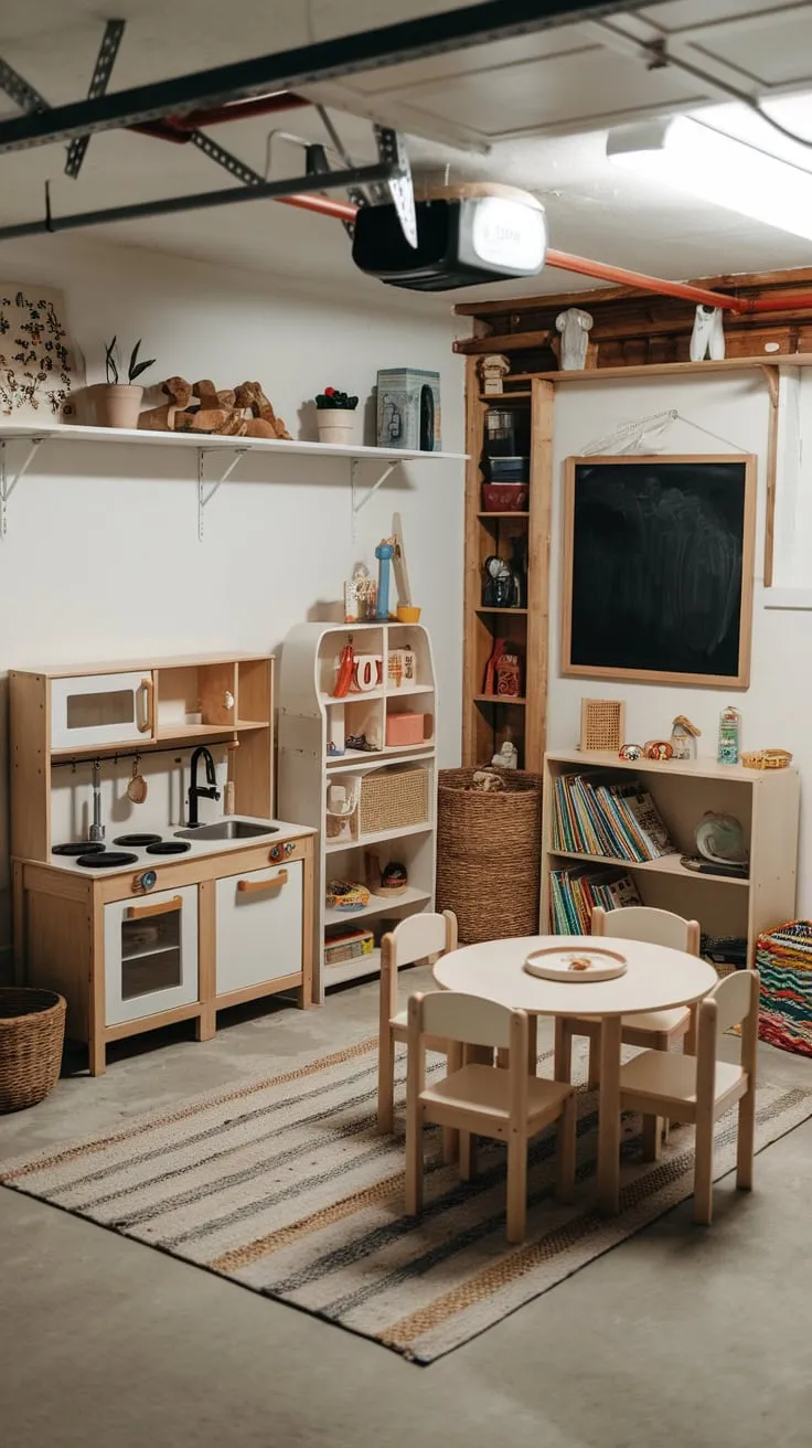 Transform your basement garage into a bright, inviting playroom brimming with toys, books, and creative spaces.