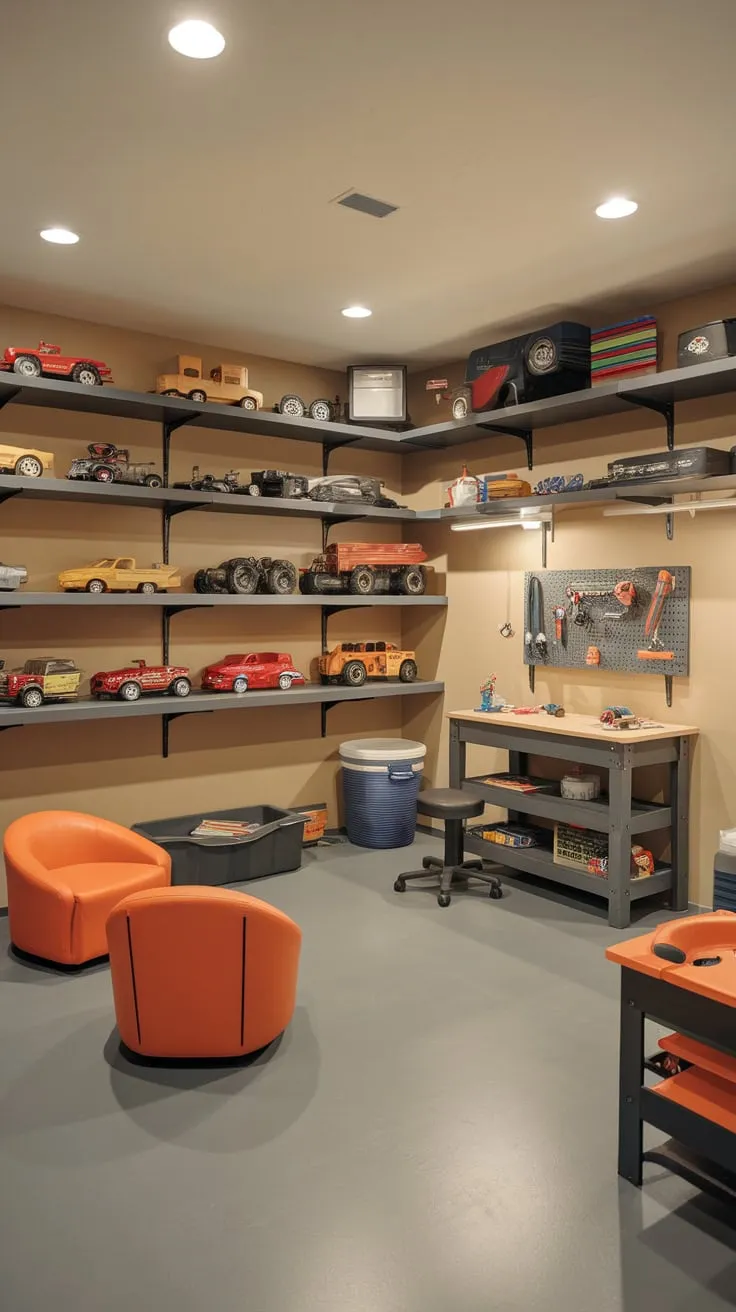 A vibrant basement playroom, garage-themed with toy-filled shelves, a workbench, and comfy seating, provides a fun and functional space for kids.