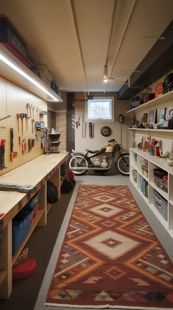 A charming basement playroom transforms a garage theme into a kid's haven with tools, toys, and a classic motorcycle.