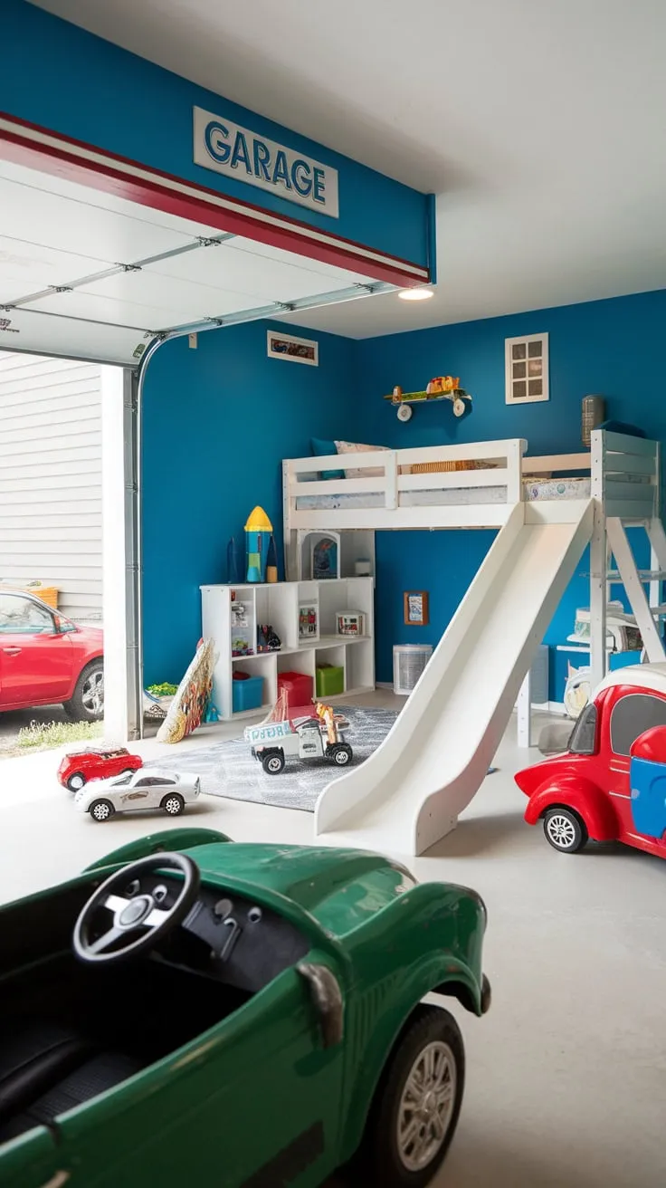 A child's dream garage playroom boasts a loft bed, slide, and toy cars, rockets, and castles, all set against a backdrop of bright blue walls and a red car parked outside.