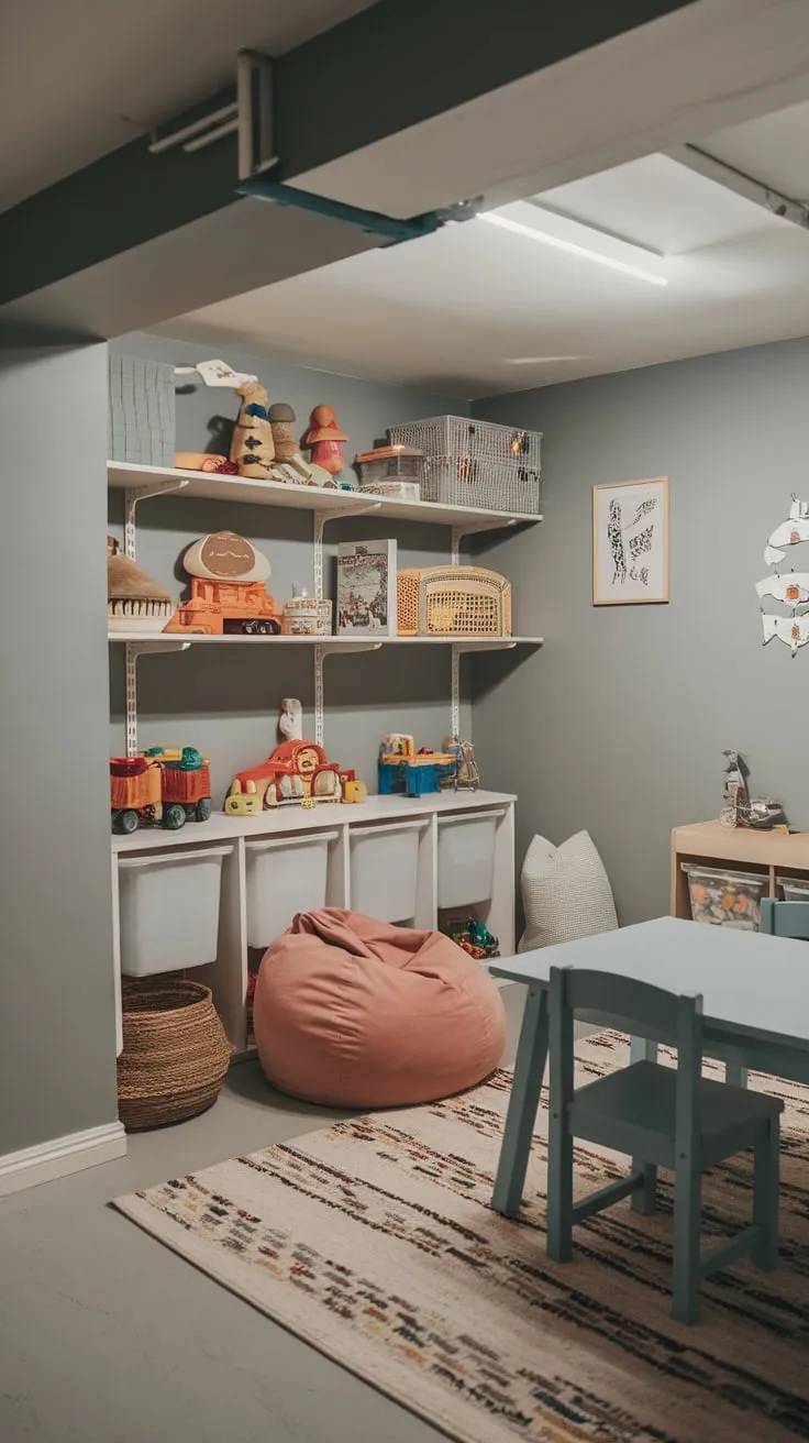 A bright grey basement transformed into a fun-filled playroom with toy shelves, comfy seating, and a playful rug