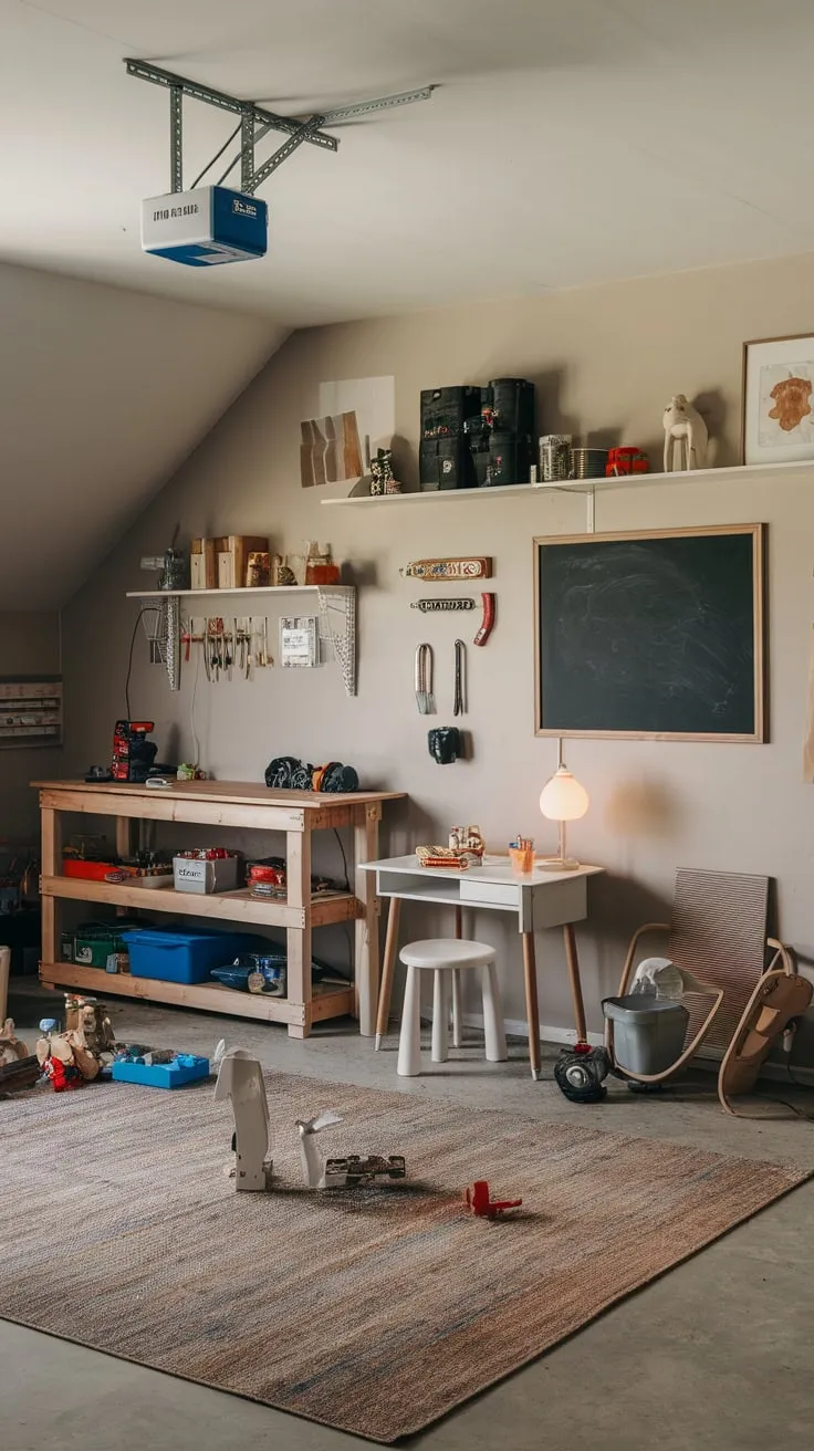 A repurposed garage boasts a charming DIY playroom featuring a workbench, chalkboard, and playful clutter under a sloped ceiling.