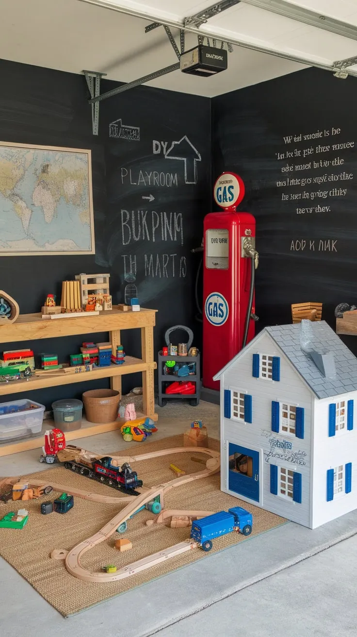 A transformed garage boasts a DIY playroom brimming with toys, a workbench, and vintage charm, creating a fun and imaginative space for kids.