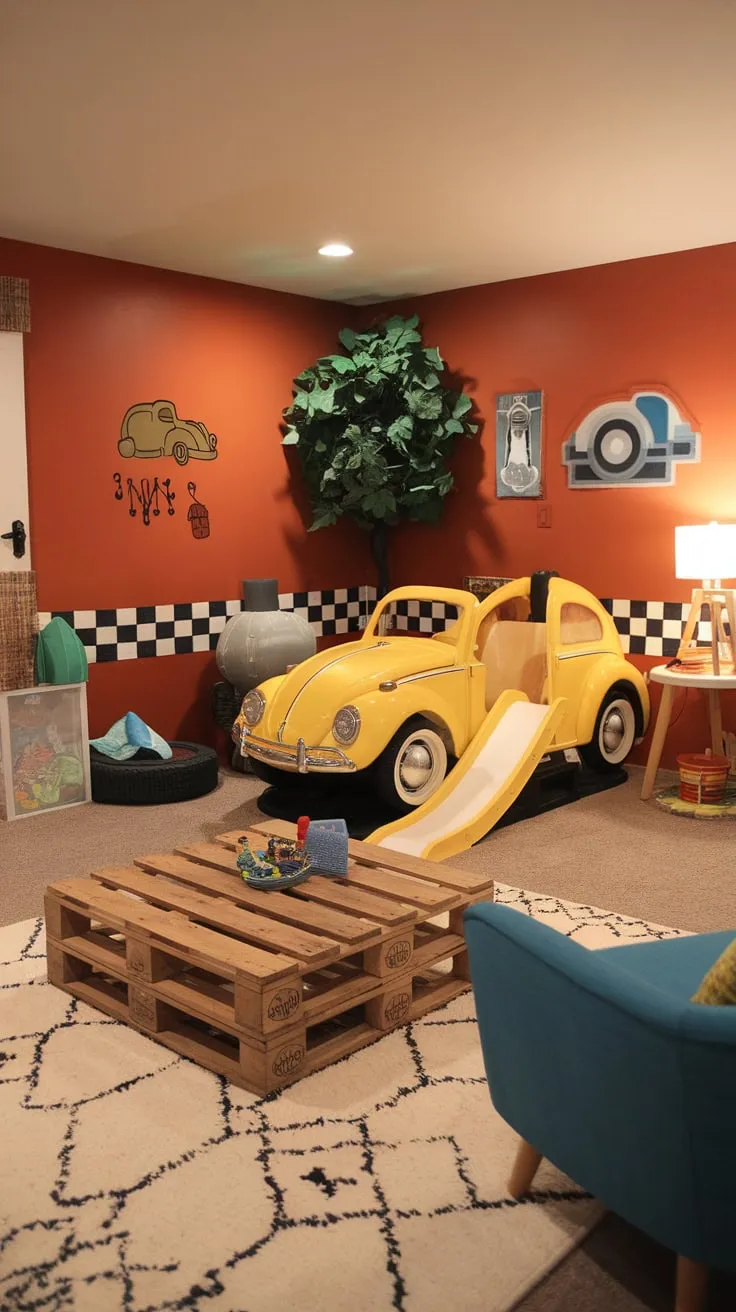 A playful garage-themed basement playroom boasts a yellow VW Beetle car with a slide, creating a whimsical space for kids.