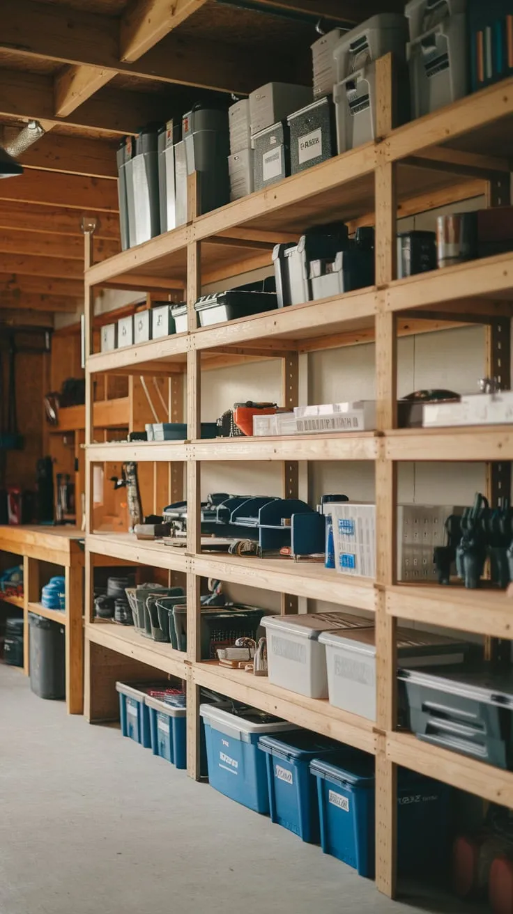 Untreated wood shelves add rustic charm to a cluttered garage, transforming it into an organized and functional space.