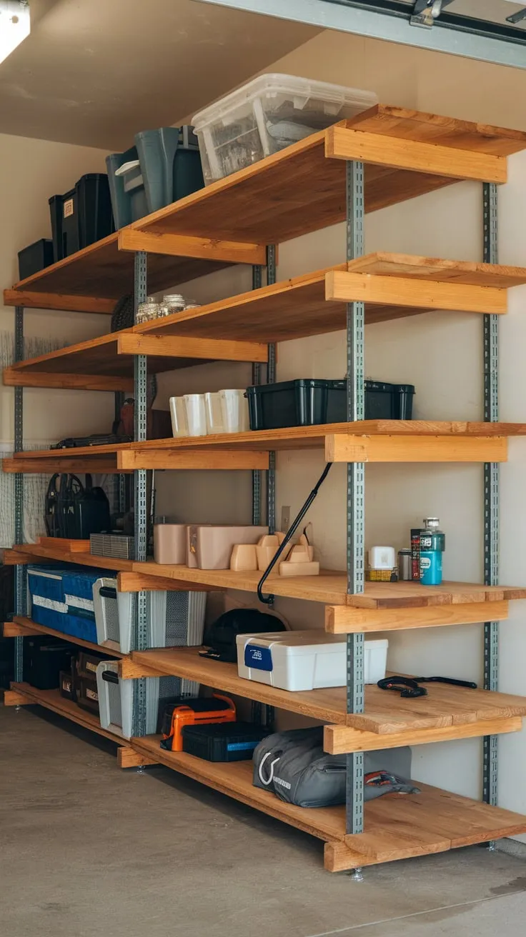 Organize your garage clutter with a charming, solid wood shelving system.
