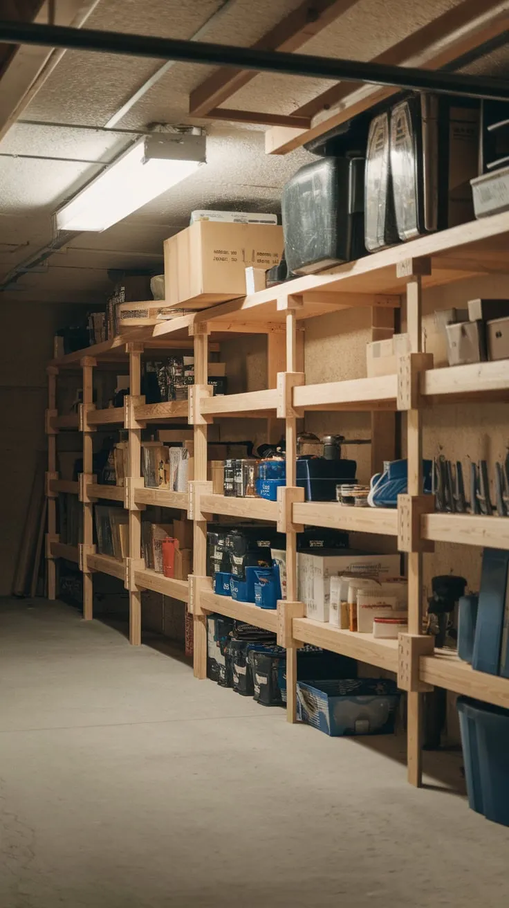 Neatly organized wooden shelves cleverly utilize basement space for efficient tool and supply storage.