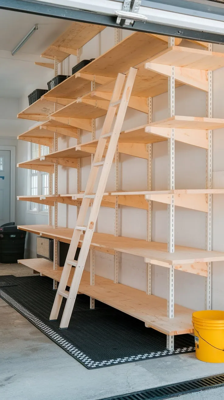 Organize your garage with a stylish white pine wood shelving system, complete with ladder access.
