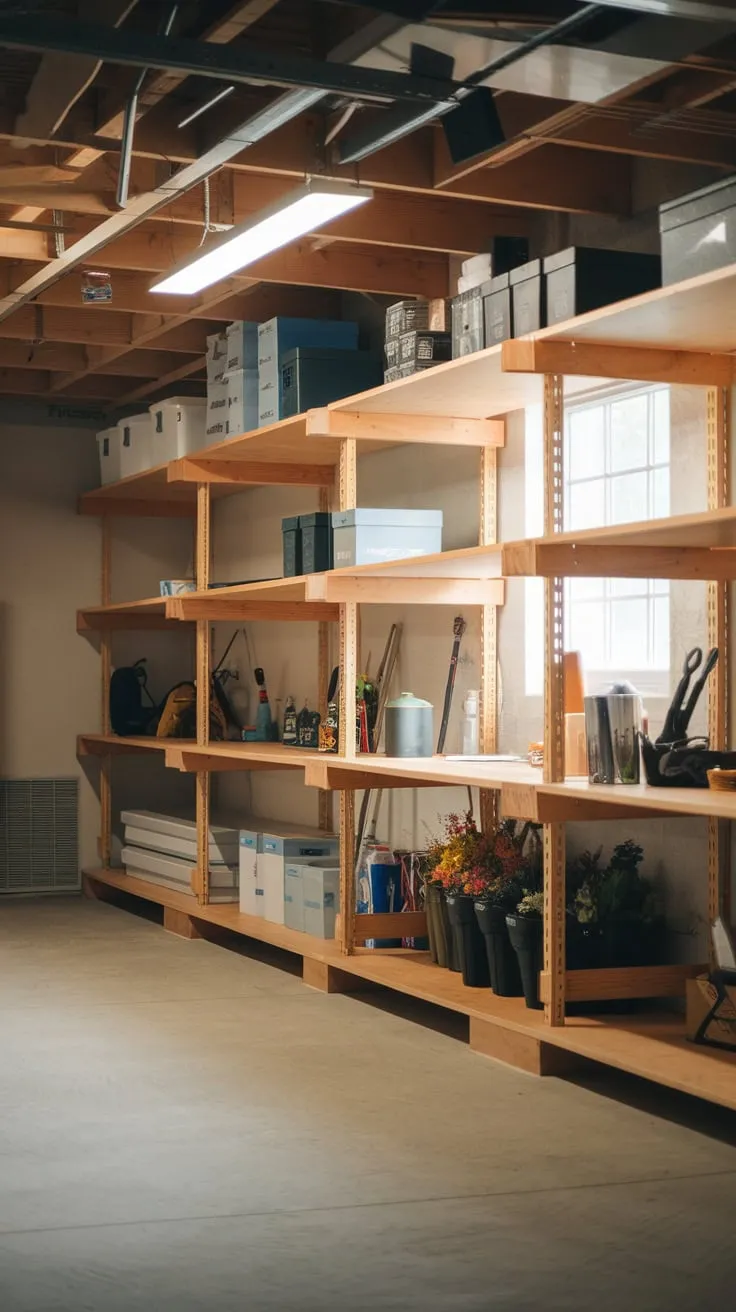 A robust wooden shelving system maximizes basement storage, neatly organizing tools and supplies in a well-lit concrete space