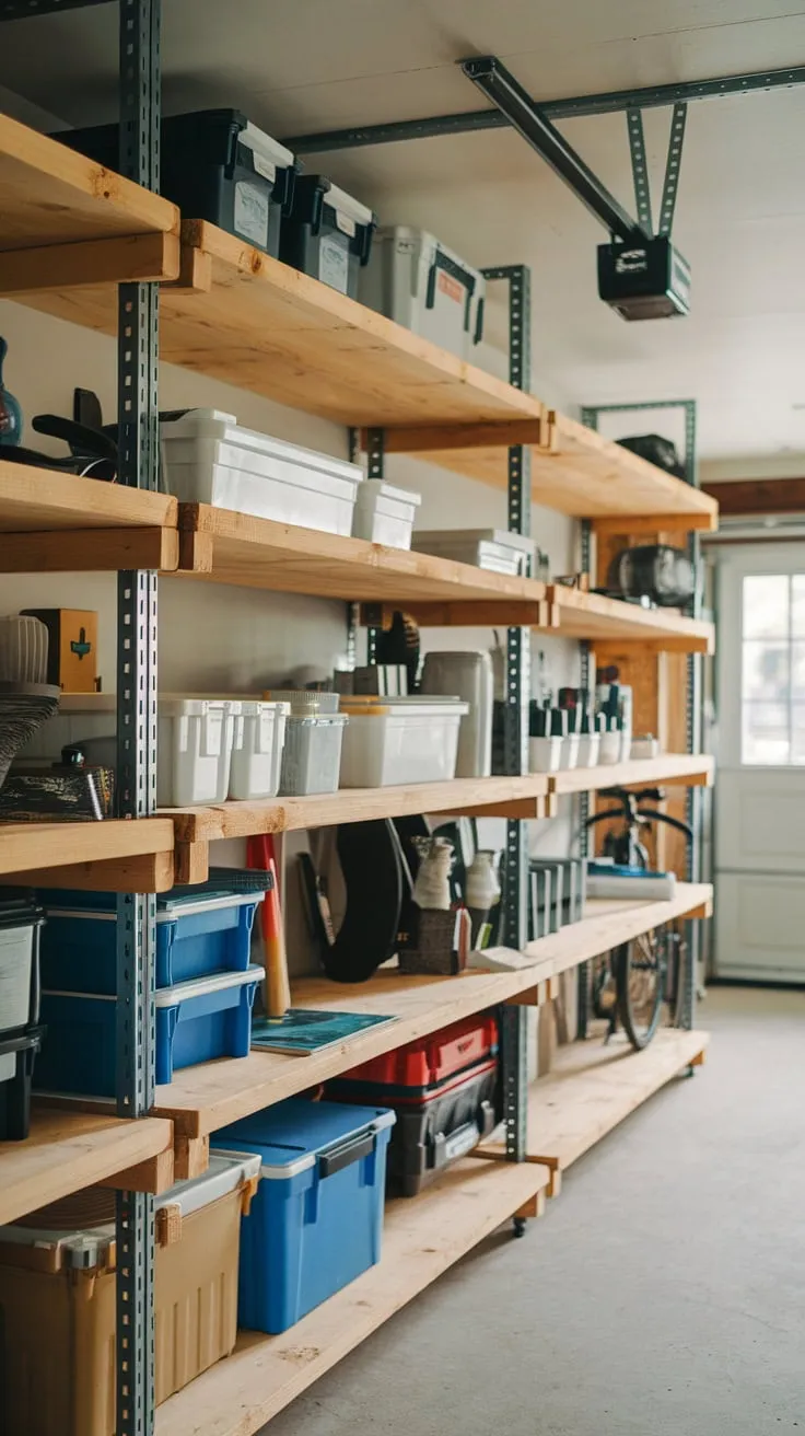 Maximize your garage space and neatly store your belongings using a robust wooden plank shelving system supported by a strong metal frame.
