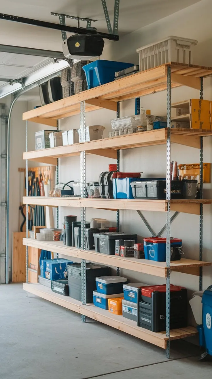 Maximize your garage space and neatly store tools and supplies on a stylish white pine wooden shelf system with a robust metal frame.