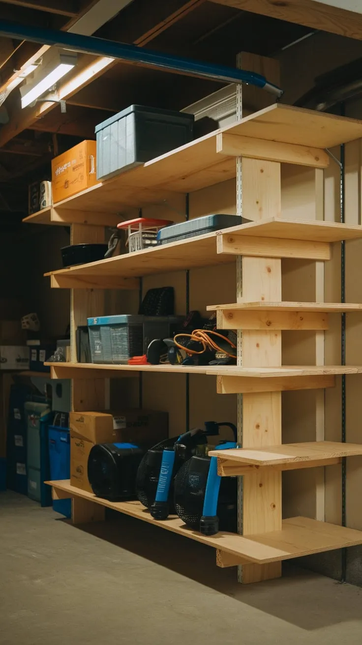 Maximize your basement storage with a sturdy DIY wooden garage shelving unit holding tools, equipment, and boxes.