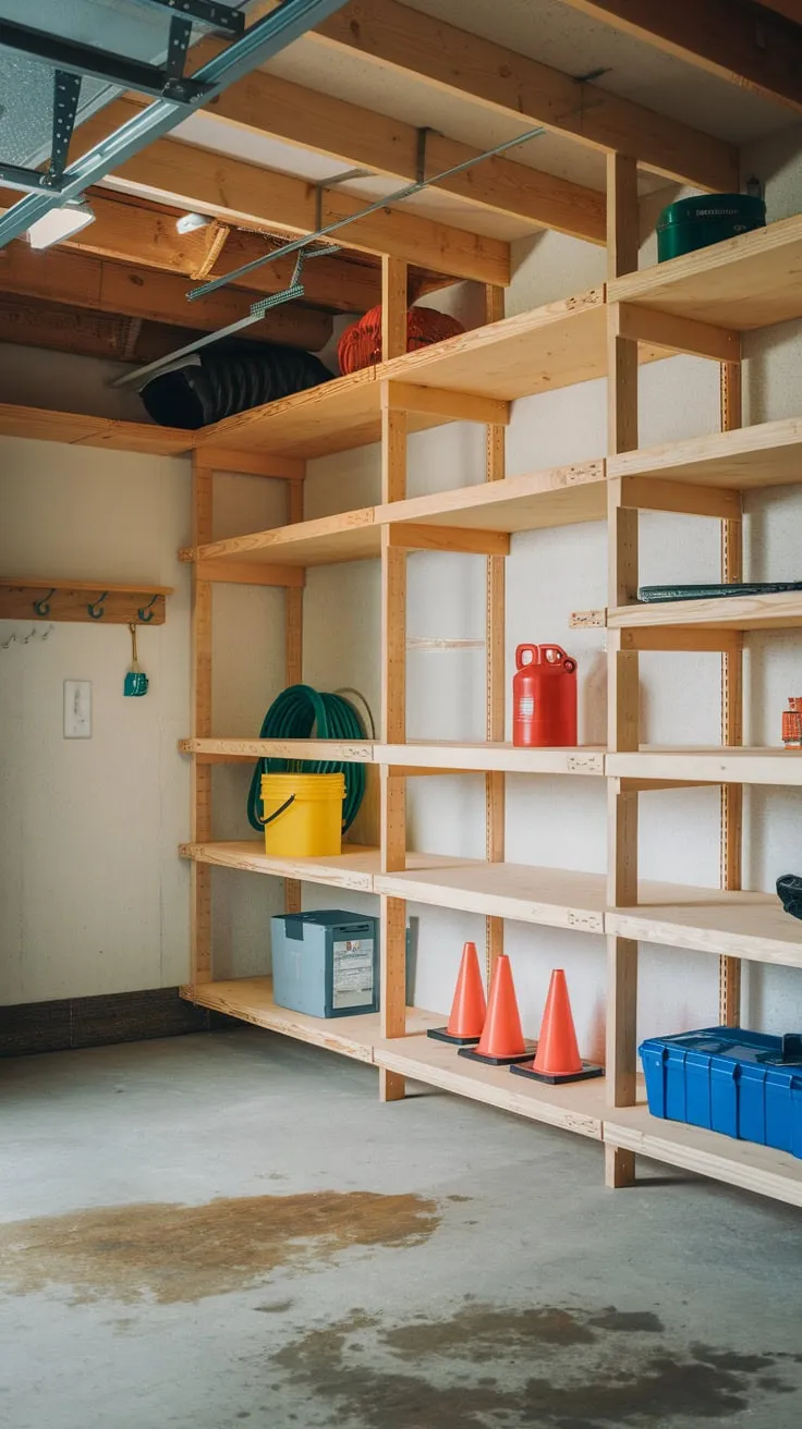 Transform your cluttered garage into an organized haven using a practical wooden shelving unit.
