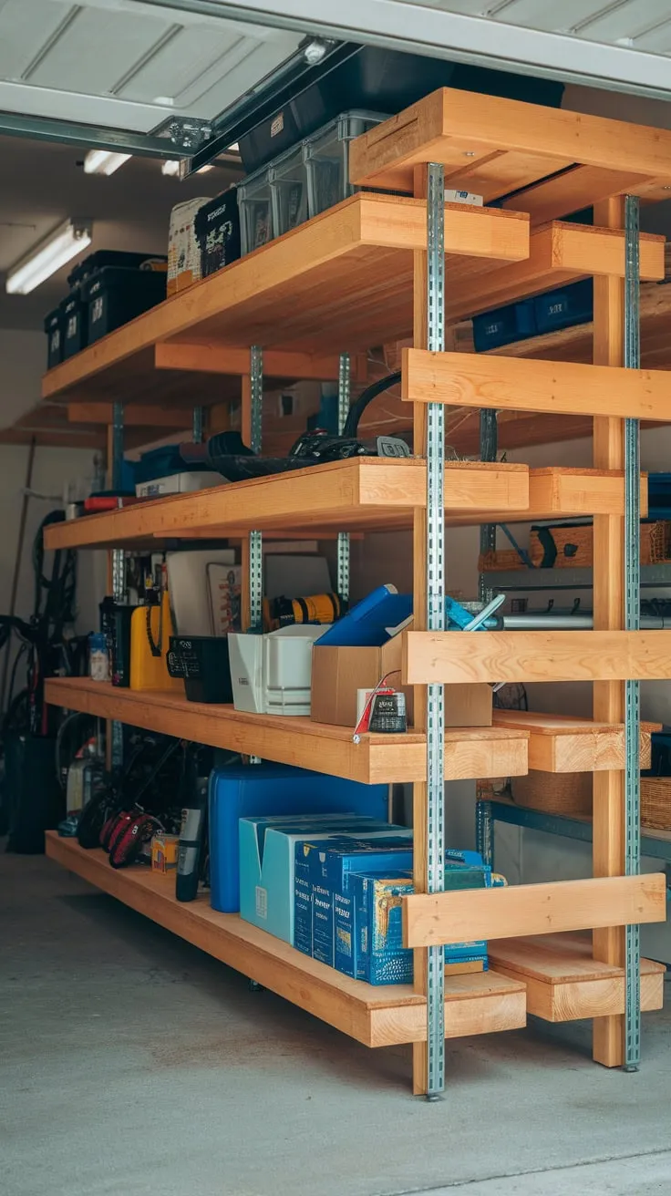 Organize your garage efficiently and stylishly using multi-level wooden shelves supported by strong metal brackets.