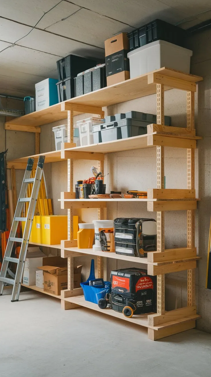 A DIY wooden shelf transforms a cluttered basement into an organized space, neatly storing tools, boxes, and a ladder.